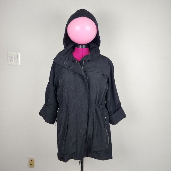 Black Hooded Trench Coat Lightweight Zip up Jacket Windbreaker Roll-tab Sleeve - Picture 16 of 16